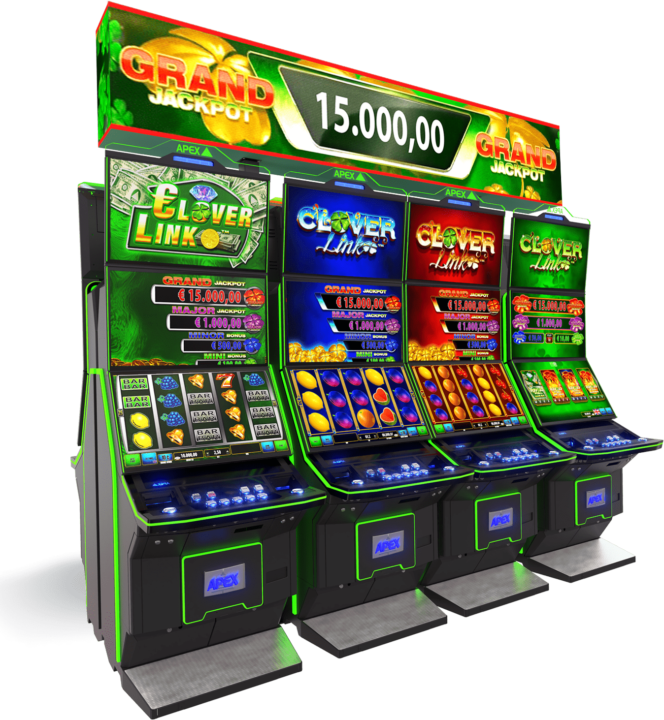 APEX Clover Link jackpot island — four-cabinet lineup showing all four games in the series