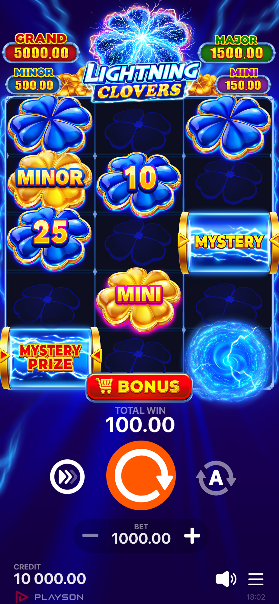 Lightning Clovers game screen — the final clover symbol on the reels alongside jackpot values and the bonus buy
