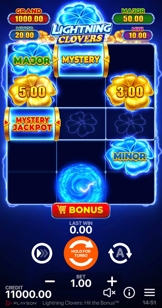 Lightning Clovers: Hit the Bonus — full 3×5 game field, portrait crop